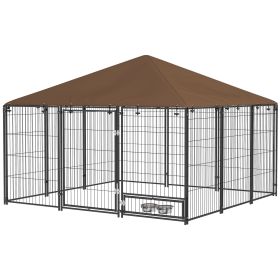 6.9' x 6.9' x 5' Outdoor Dog Kennel with Canopy and Rotating Food/Water Bowl Door, Coffee Color