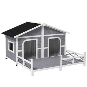 Wooden Cabin Style House, Elevated Pet Shelter with Porch, for Small/Medium Dogs, Gray