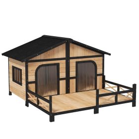 59" x 64"x 39" Rustic Log Cabin Style House For 2 Dogs With Porch/Deck, Weatherproof