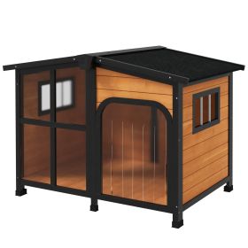 43" Waterproof Wooden House for Large Dogs with Openable Roof & Giant Window, Yellow