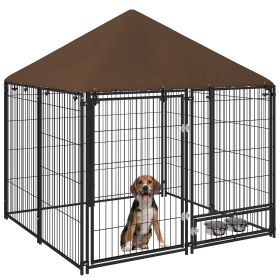 4.6' x 4.6' x 5' Outside Dog Kennel with Canopy & Rotating Food/Water Bowl Door, Black