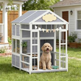 Wooden Dog House With Porch, Windows, And Storage Cabinet