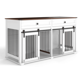 63'' Large Wooden Crate For 2 Dogs, With Drawers, Divider and Sliding Door