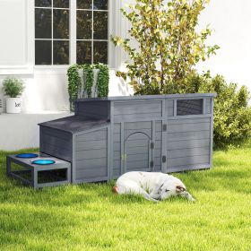 Wooden House with Food Bowls, Storage Box, Vents, Openable Roof, Gray