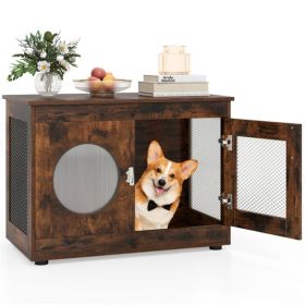 2-in-1 32.5" x 18.5" x 23.5" Dog Crate & End Table - Rustic Brown, Farmhouse Style, 88lbs Capacity,