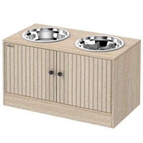 Elevated Bowl Station W/ 10.6 GAL Storage & 2 Stainless Bowls, for Large Dogs, Oak