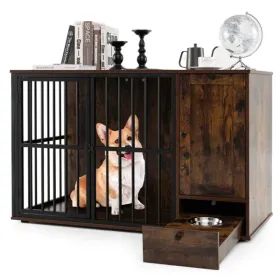 2-in-1 Crate & End Table With Pull-Out Feeder, Chew-Resistant, For Small/Medium Dogs (Option: defaulttitle)