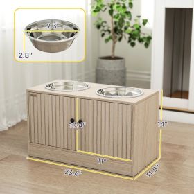 Elevated Bowl Station W/ 6.6 GAL Cap. Storage Drawer, 2 Stainless Bowls, & Slow Feeder Mat. (Option: Oak 710x435x150 mm)