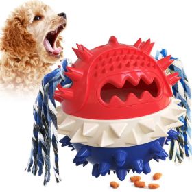 Spikey Rubber Ball Interactive Treat-Dispensing Squeaky Chew Toy with Rope for Aggressive Chewers (Color: Blue)