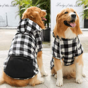 1pc Black Plaid Zip Pocket Dog Sweatshirt (Color: Black, size: L)