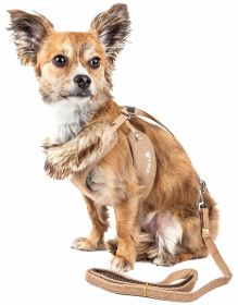 'Furracious' 2-In-1 Mesh Reversed Adjustable Harness-Leash W/ Removable Fur Collar (Color: Khaki, size: X-Small)