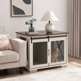 Farmhouse Style Crate W/ Sliding Barn Door, For 2 Small Dogs/1 Large Dog (Color: White, Material: MDF+Metal)