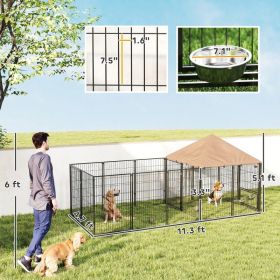 Large Kennel With Rotating & Adjustable Bowls, Waterproof & UV-Resistant Canopy (Option: Coffee)