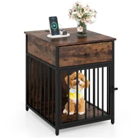 2-in-1 Dog Crate & End Table With Charging Station, Chew-Resistant, Black + Brown (Option: defaulttitle)